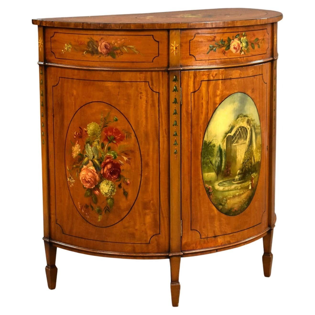 20th Century English Edwardian Hand Painted Satinwood Side Cabinet