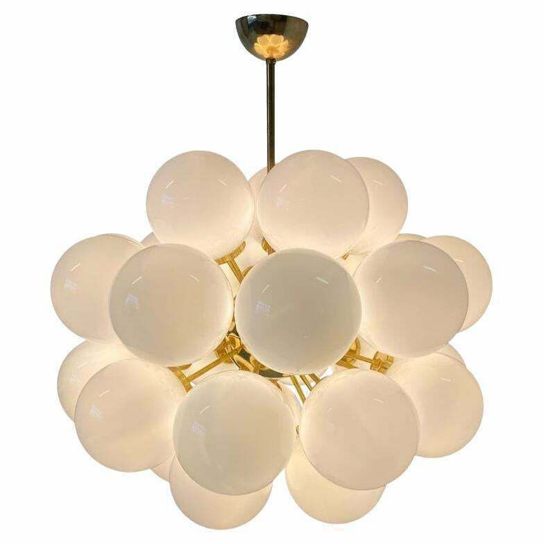Mid Century Modern Brass And White Murano Glass Spheres Chandelier