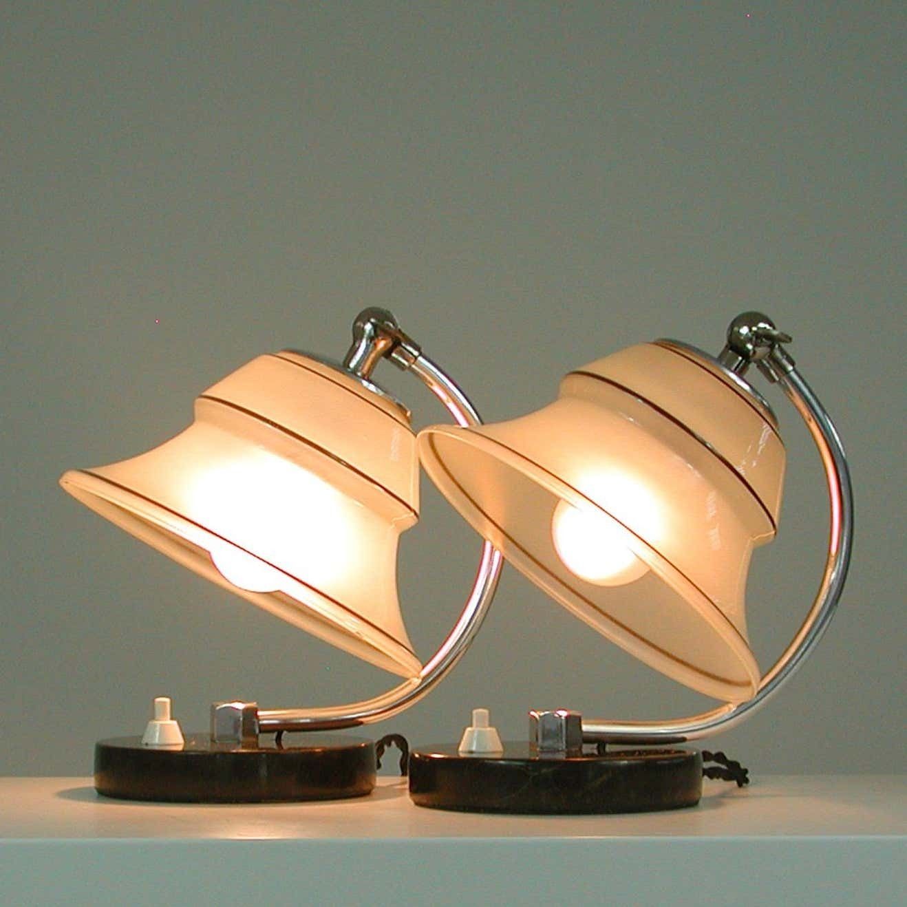 German Art Deco Enameled Satin Glass, Marble And Aluminum Table Lamps, 1930s photo 1201.0