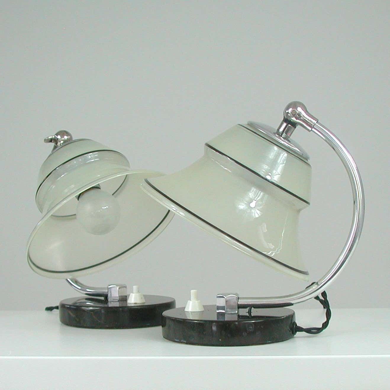 German Art Deco Enameled Satin Glass, Marble And Aluminum Table Lamps, 1930s photo vintage