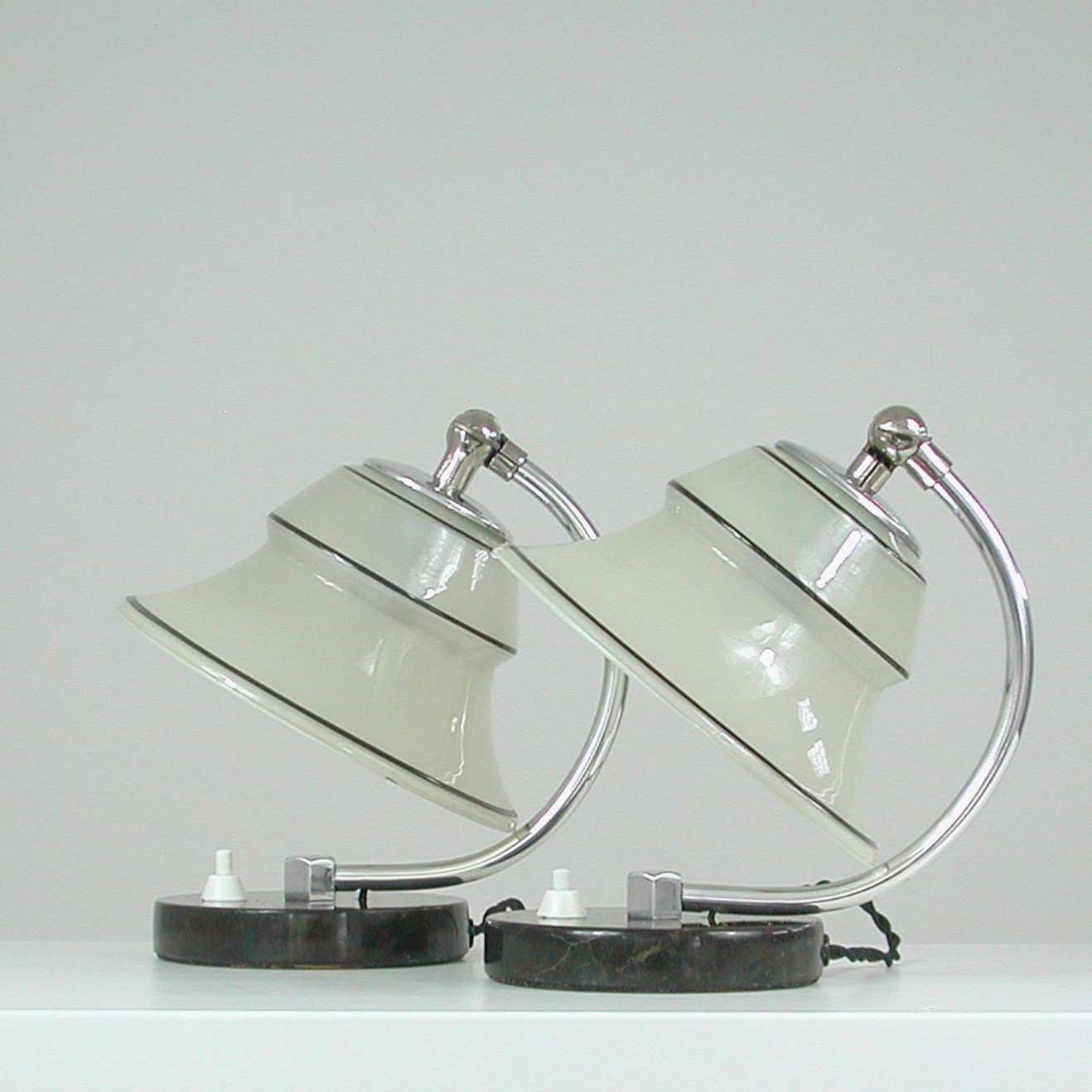 photo furniture German Art Deco Enameled Satin Glass, Marble And Aluminum Table Lamps, 1930s