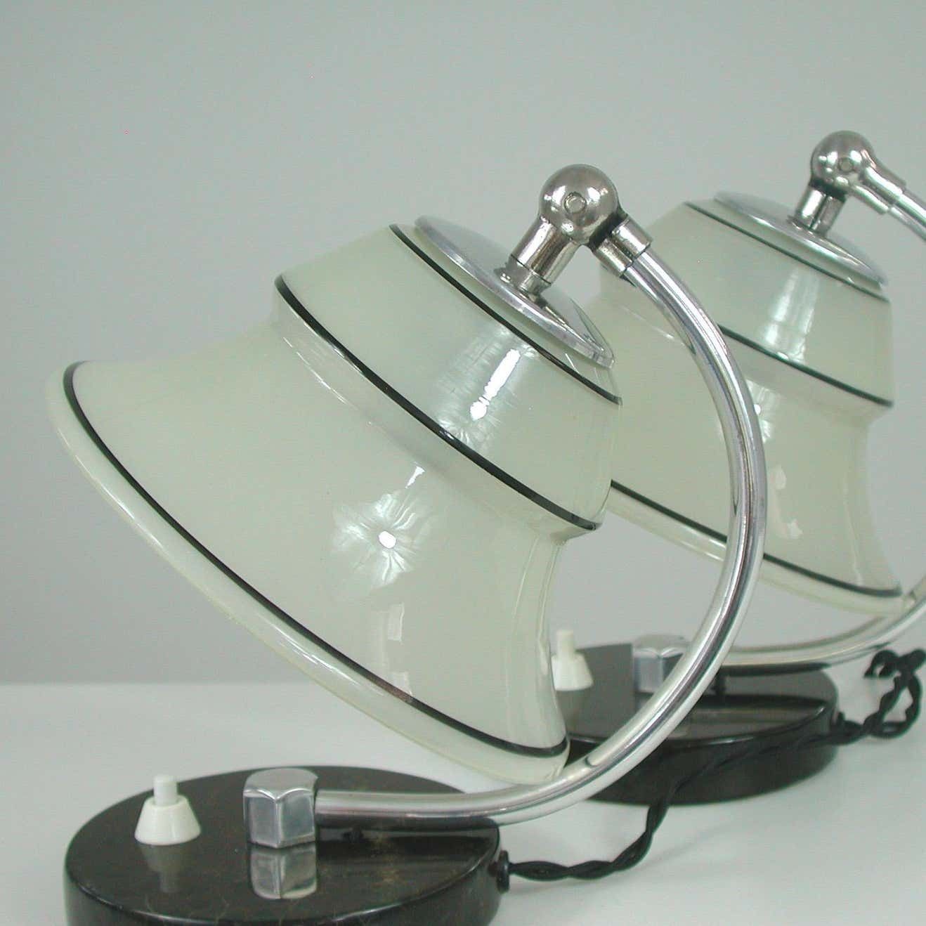 photo vintage German Art Deco Enameled Satin Glass, Marble And Aluminum Table Lamps, 1930s
