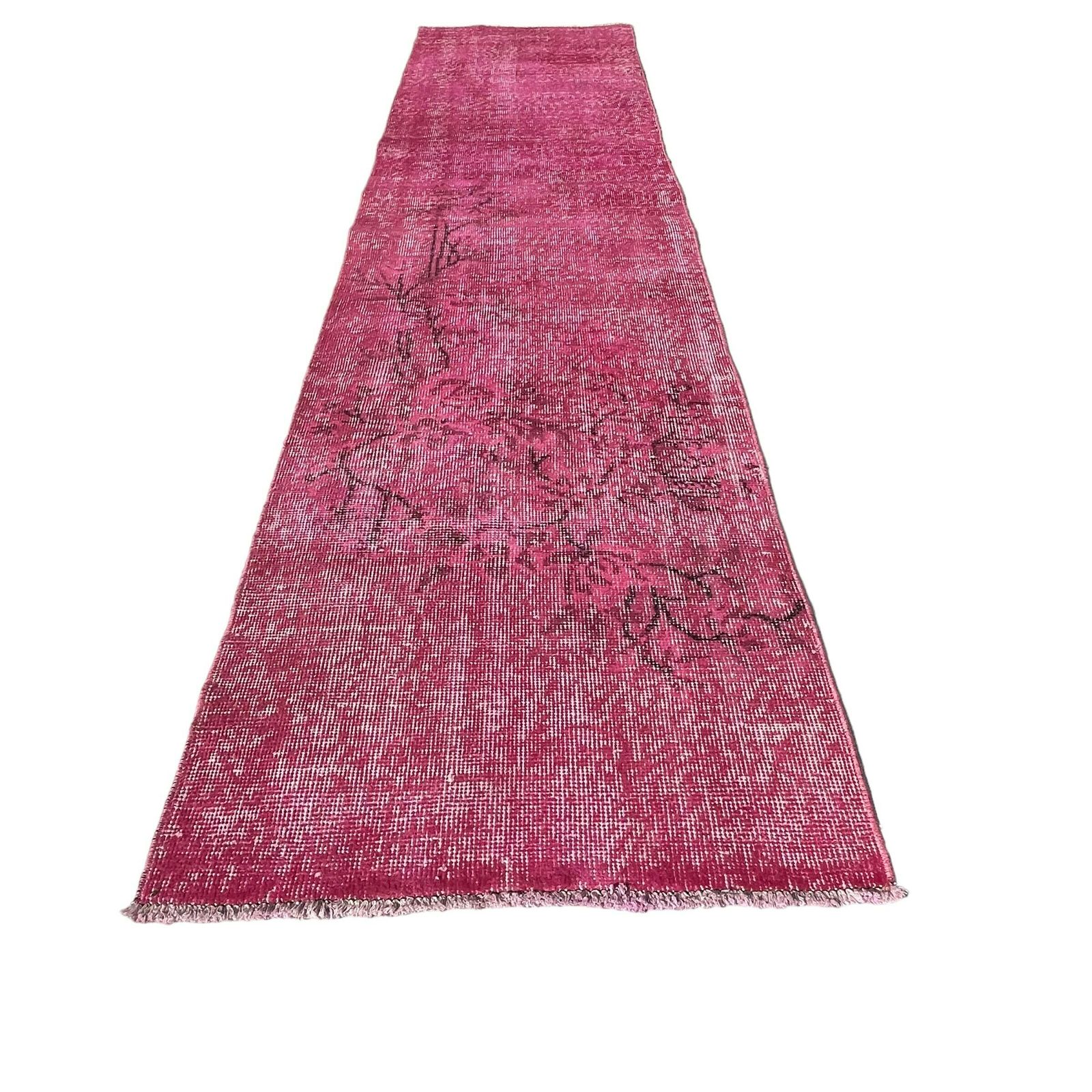 Distressed Turkish Narrow Runner 278 X 68 Cm Wool Vintage Rug, Over Dyed Pink