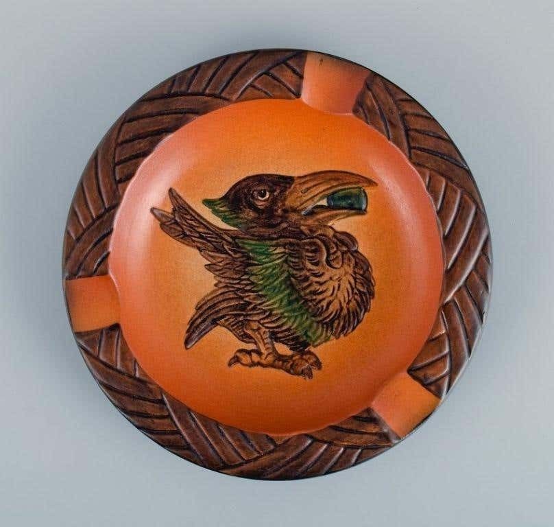 Ipsen's Denmark  Bowl With Bird And Glaze In Shades Of Orange Green photo for sale