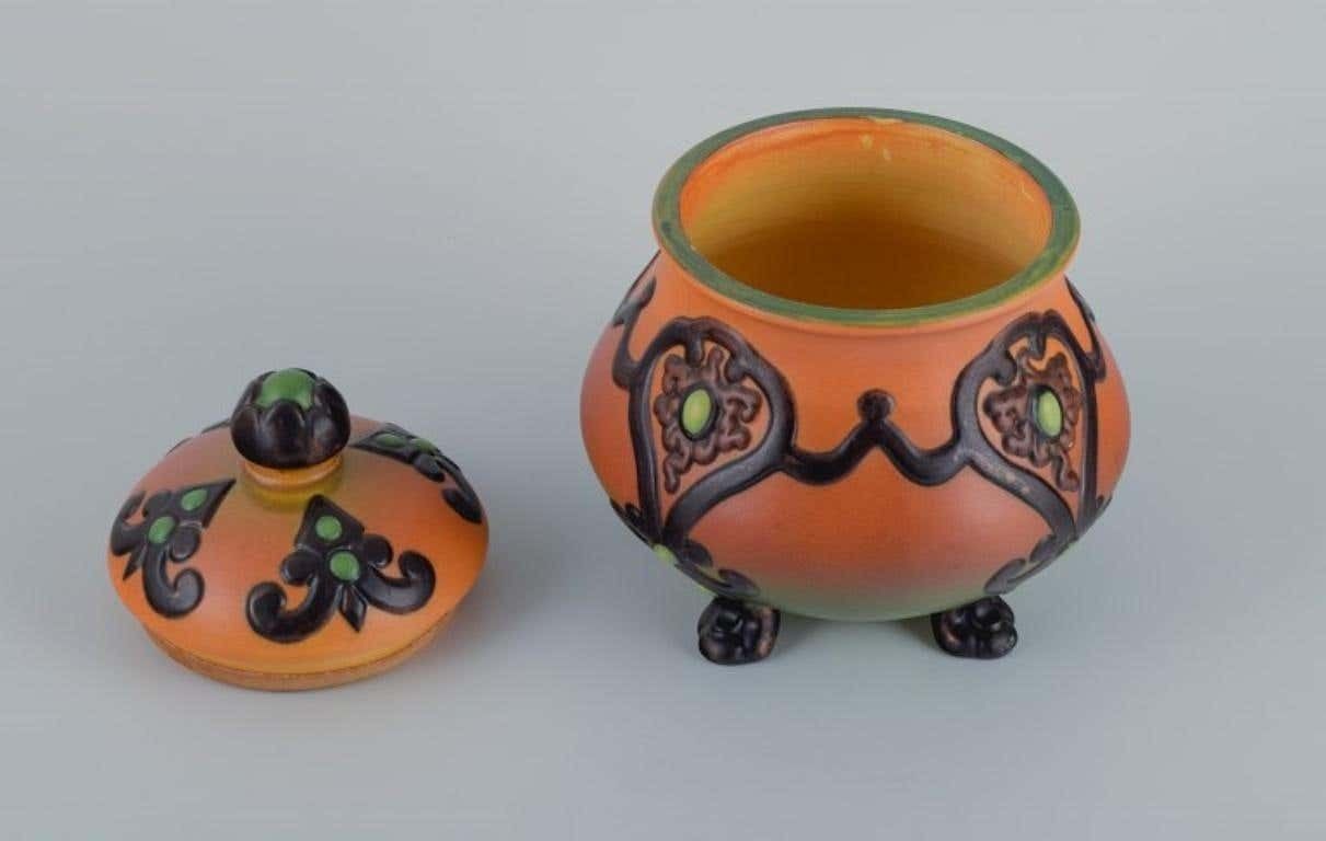 Ipsens  Denmark  Beautiful Art Nouveau Jar With Glaze In Orange And Green Tones photo for sale