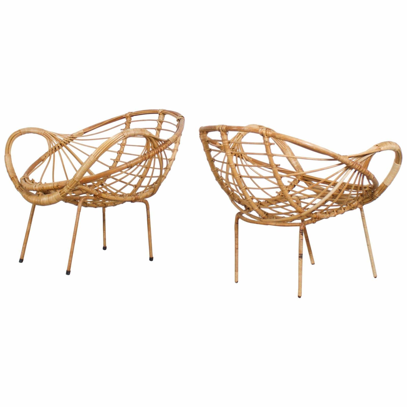 Midcentury Modern Rattan And Metal Armchairs, 1960s