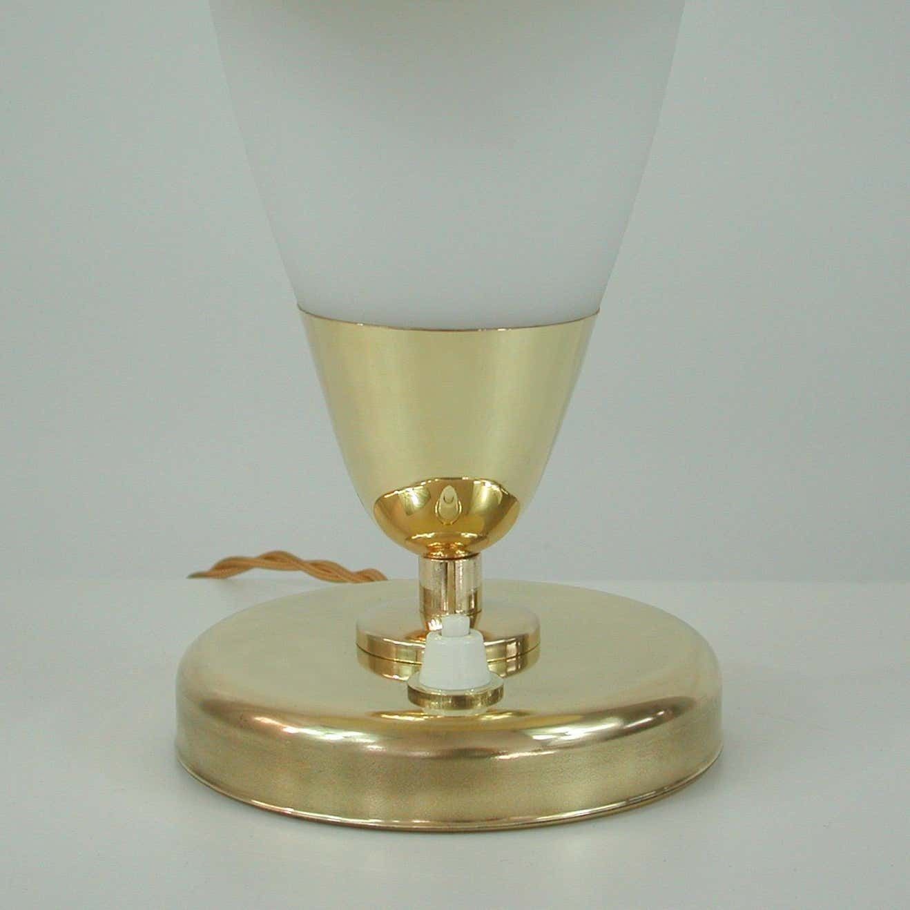 Midcentury Swedish Modern Brass, Opaline And Fiberglass Saucer Table Lamp, 1950s photo vintage