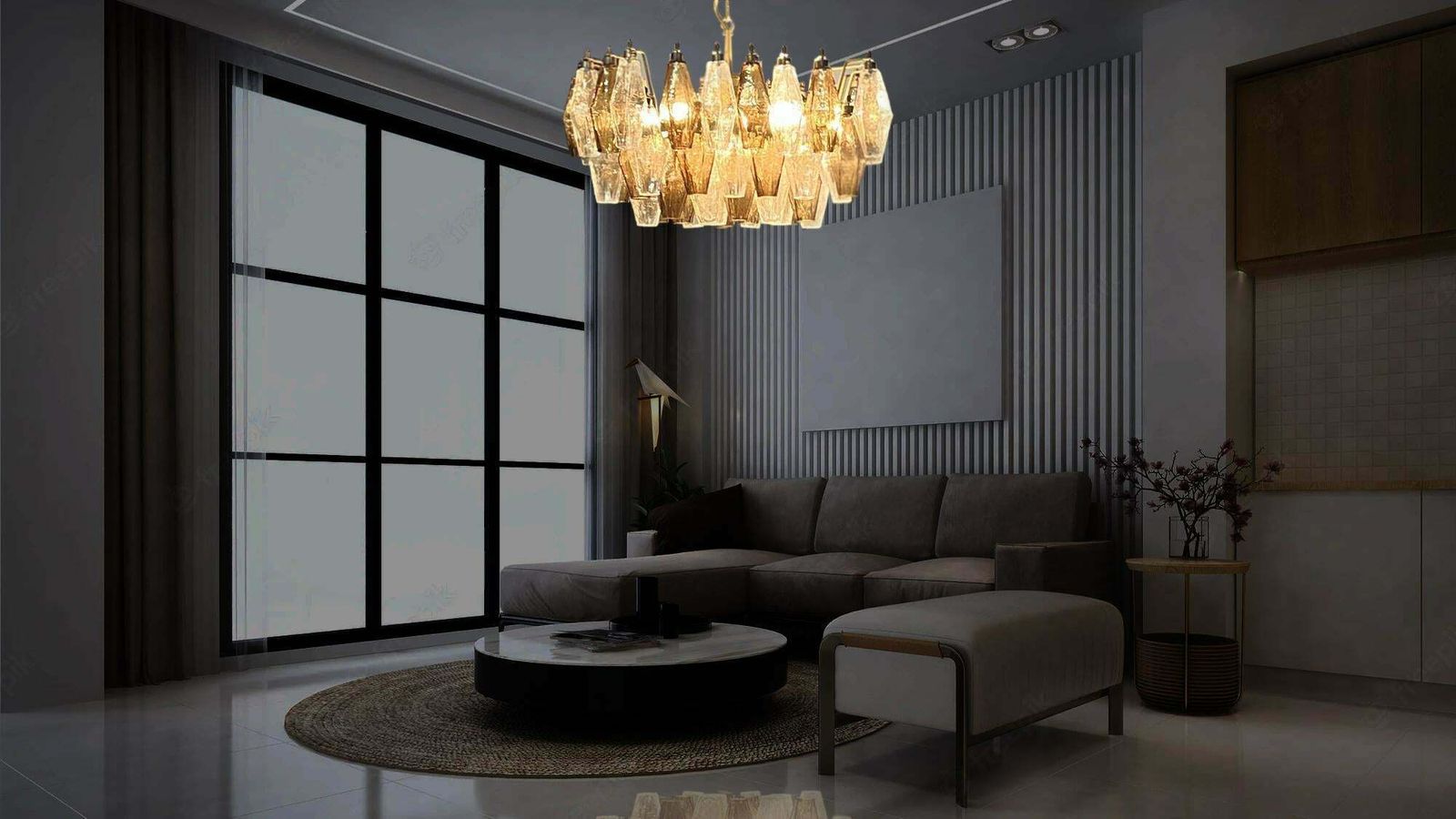 Elegant Murano Poliedri Chandelier   Carlo Scarpa   Clear And Smoked Glasses photo vinterior