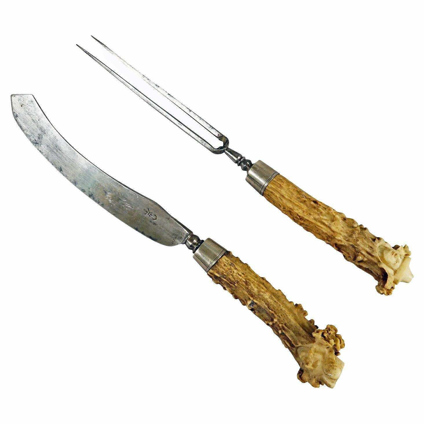 Antique Set Of Rustic Carter Cutlery With Carved Horn Handles 18th