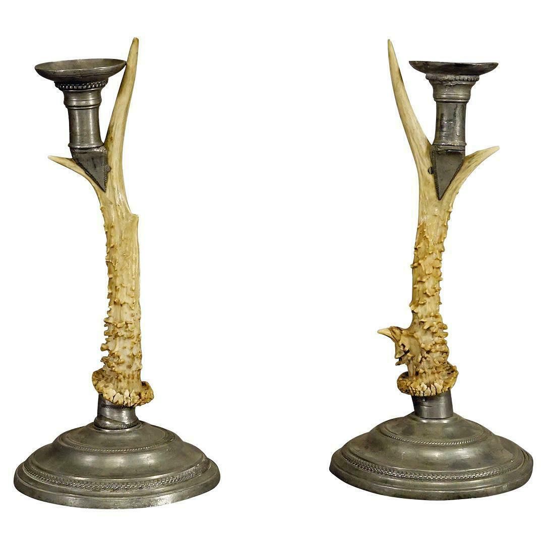 A Pair Black Forest Candle Holders With Pewter Base And Spout, Germany Ca. 1860s