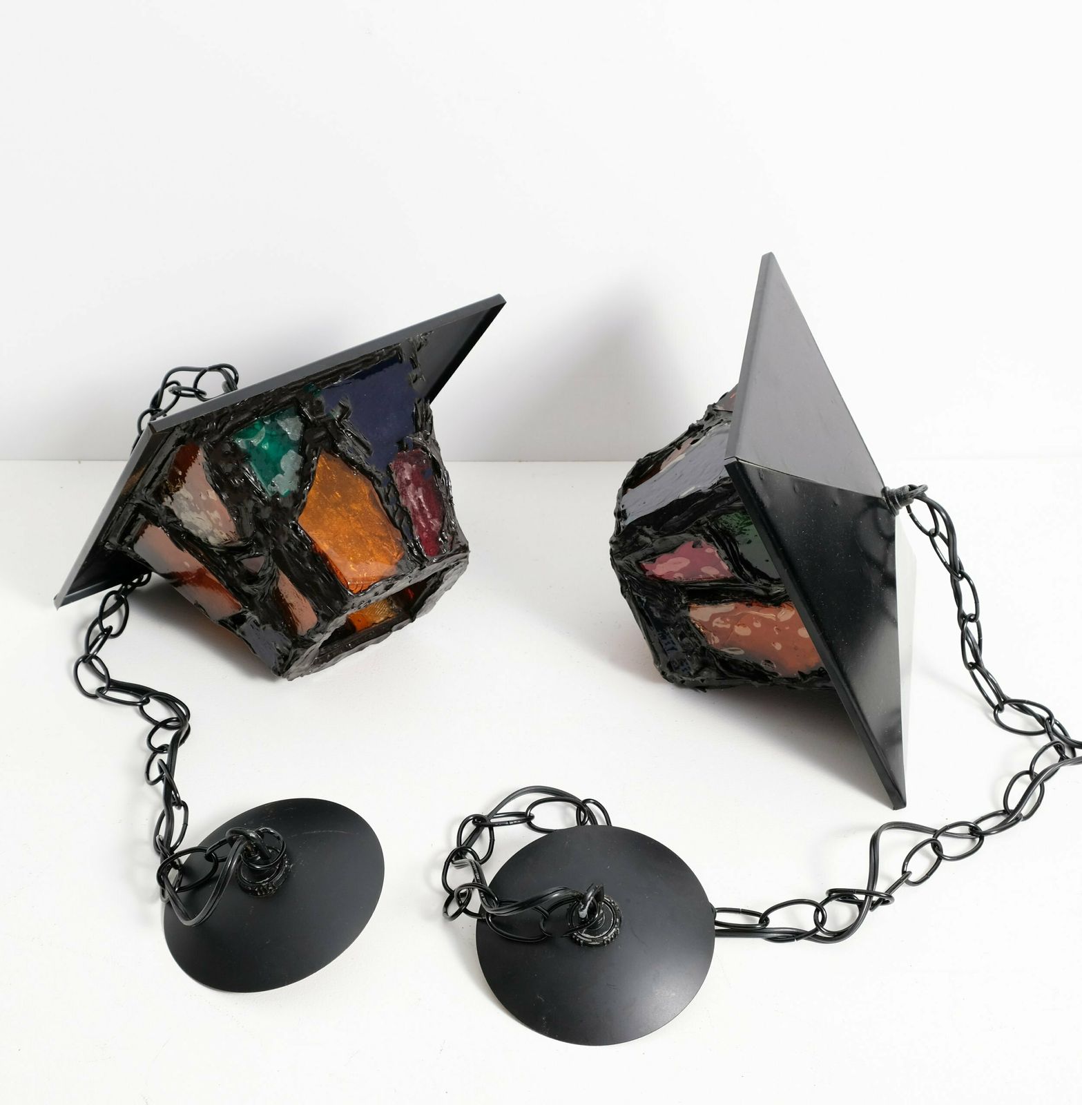 Pair Of Coloured Glass Pendants In The Style Of Peter Marsh photo Lighting