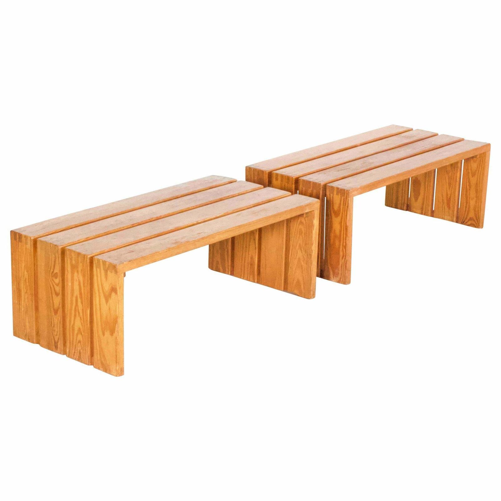 Set Of French Pine Wood Benches, 1960s
