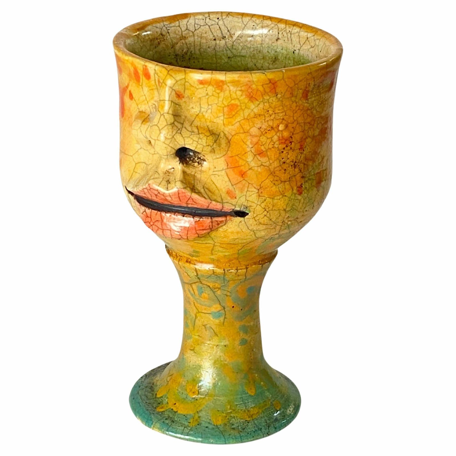 French Raku Chalice In Cracked Ceramic Circa 1960 France Yellow Color