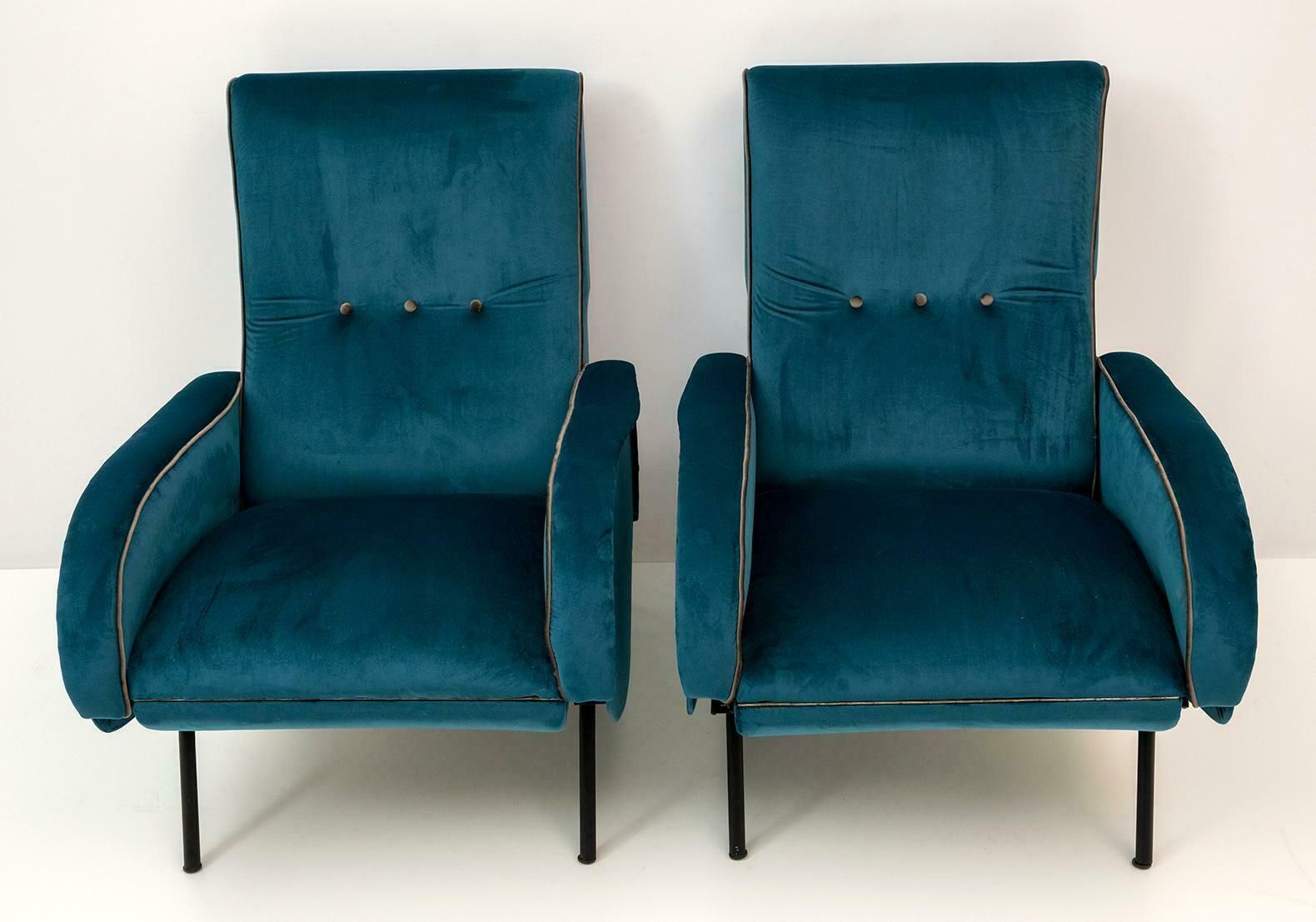 Pair Of Marco Zanuso Mid Century Modern Italian Velvet Reclining Armchairs, 50s photo furniture