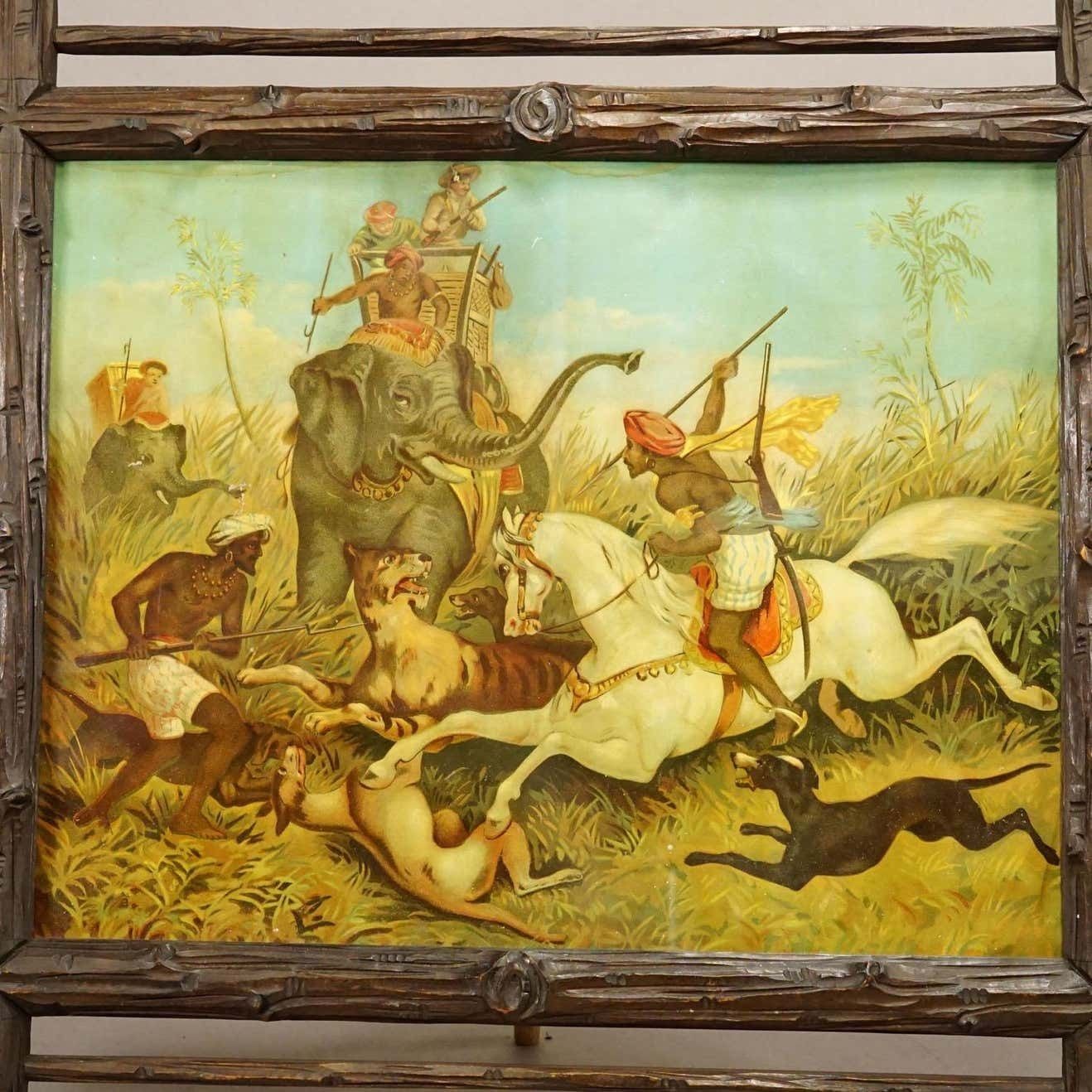 Antique Oil Print With Dramatic Tiger Hunting Scene In India 19th Century photo for sale