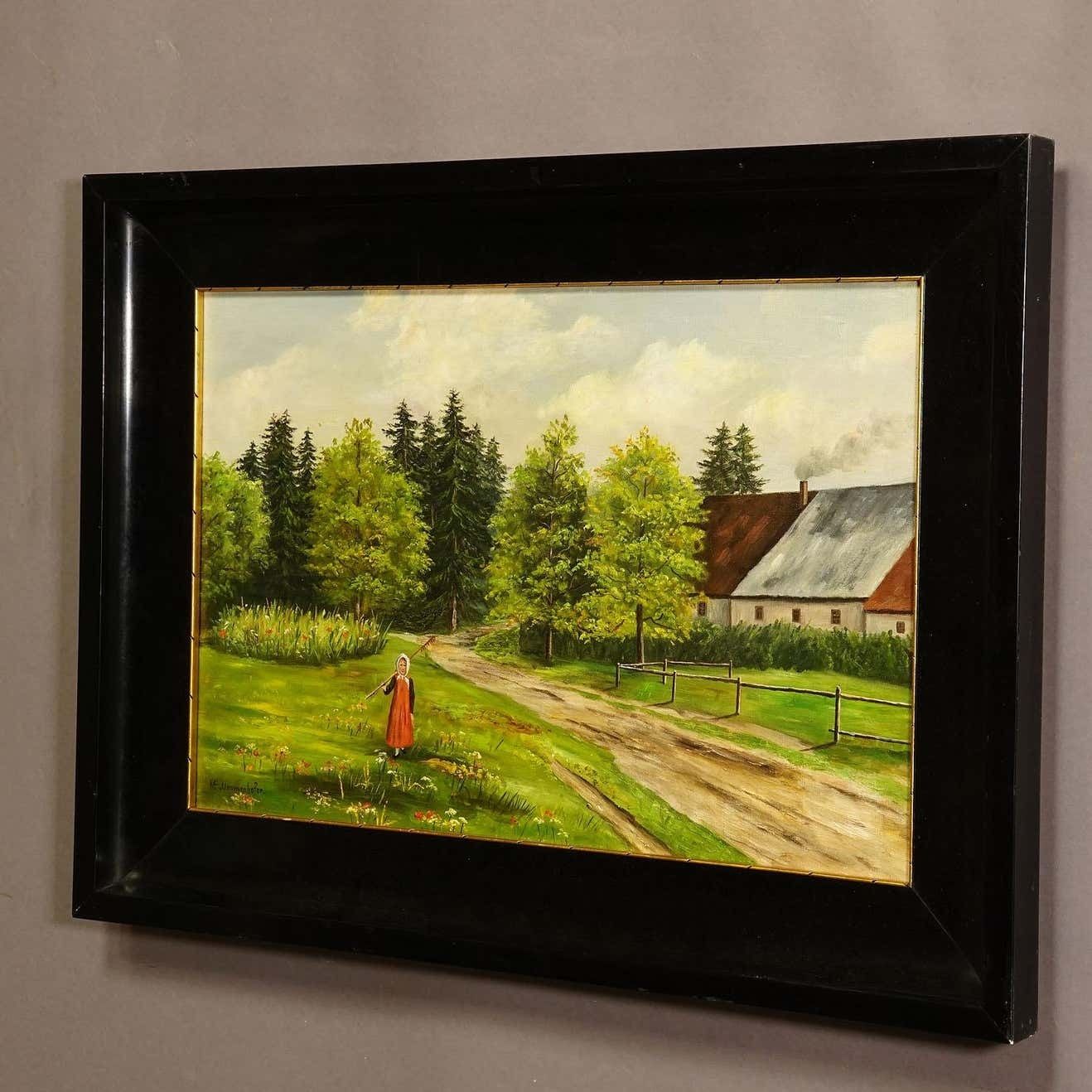 Antiek Olieverfschilderij Boerenmeisje Op Een Bloemenveld, Door M. E. Ummenhofer photo for sale