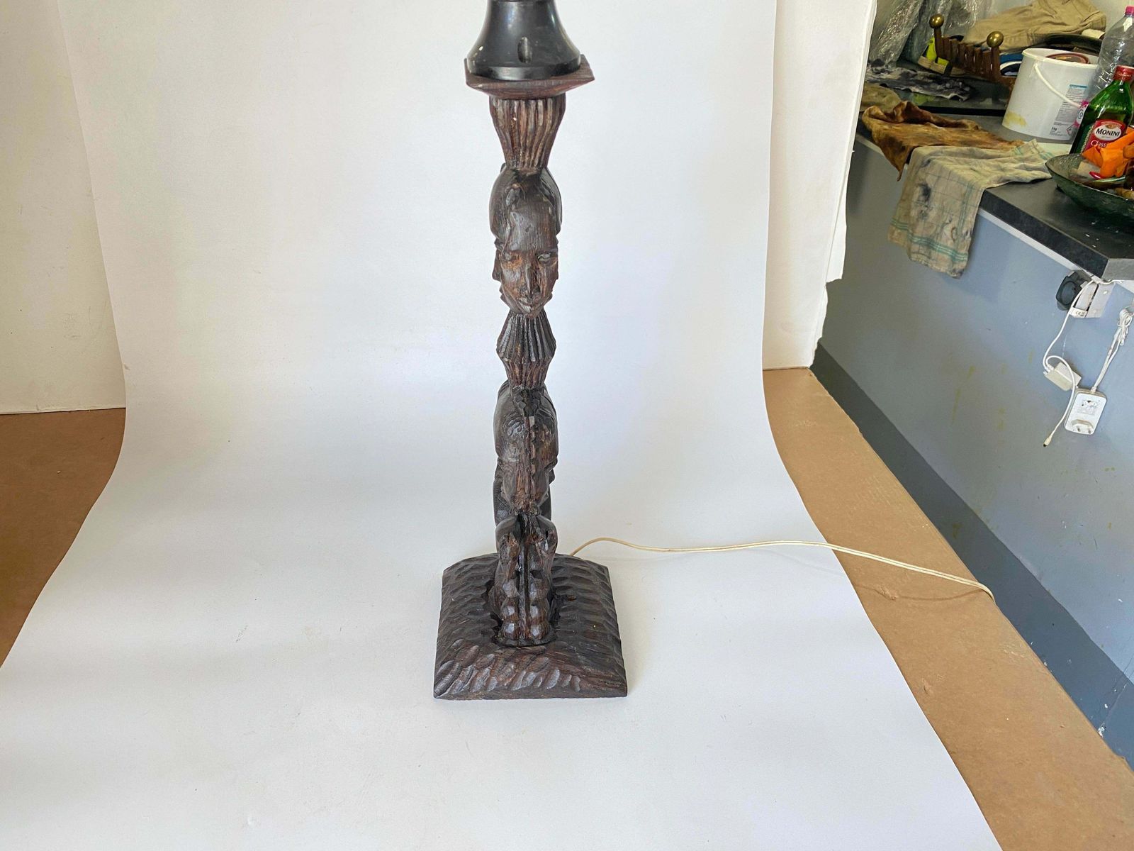 photo for sale Sculptural Table Lamp Carved On Every Sides In Wood, France, 1950