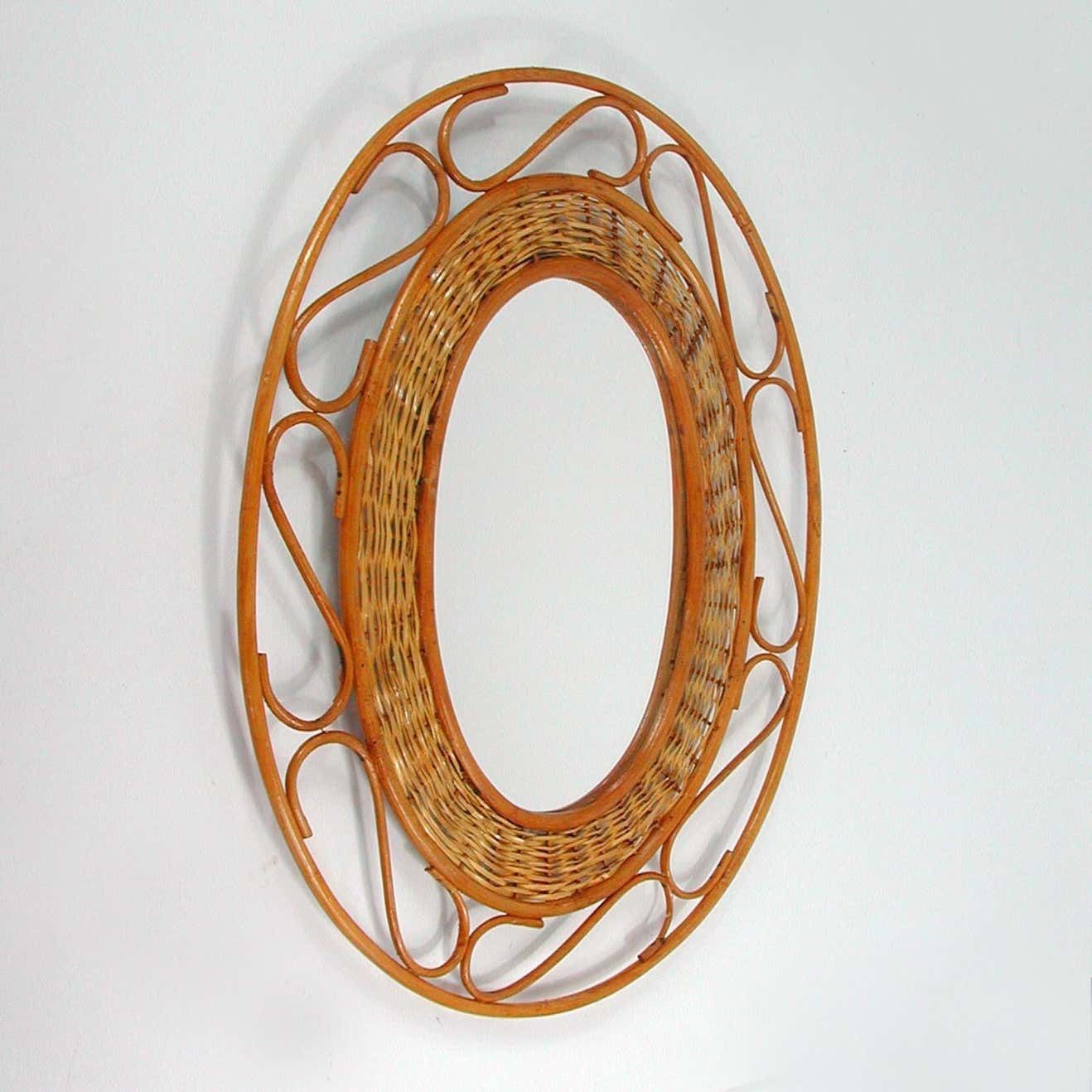 Midcentury Jean Royère Style French Riviera Rattan And Wicker Mirror, 1950s photo furniture