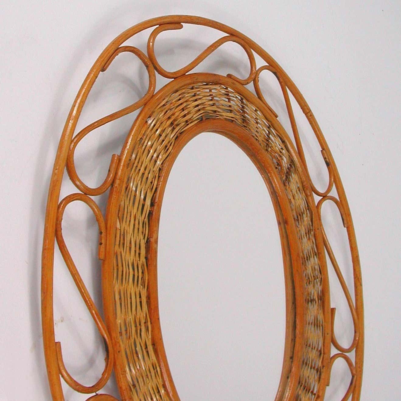 Midcentury Jean Royère Style French Riviera Rattan And Wicker Mirror, 1950s photo vintage
