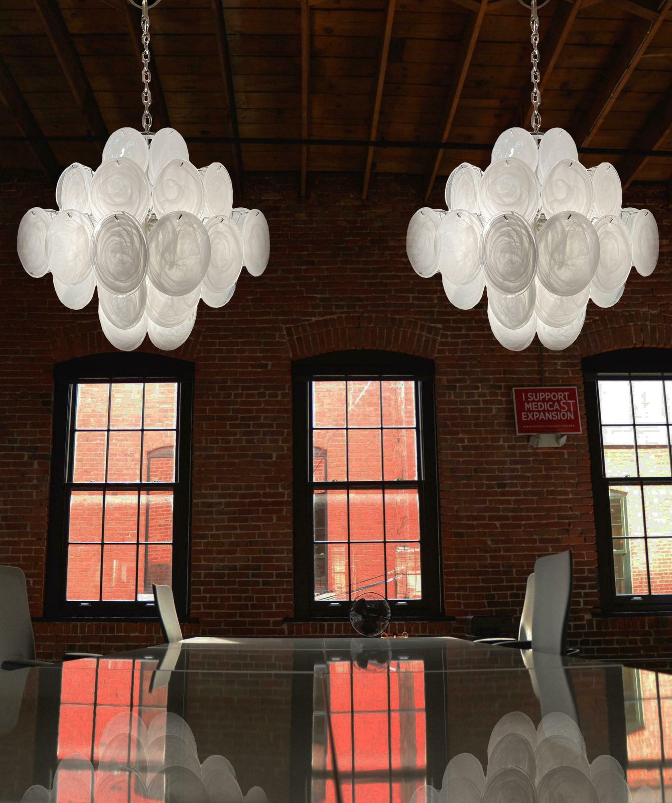 Elegant 1970s Vintage Italian Murano Chandeliers, 36 White Disks photo furniture