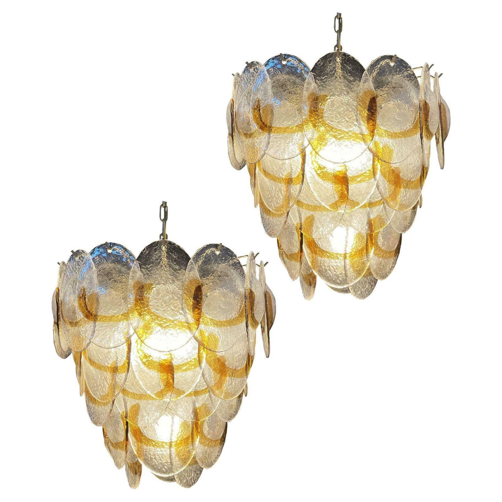 1970's Charming Murano Chandeliers By Mazzega, 41 Lattimo Amber Glasses