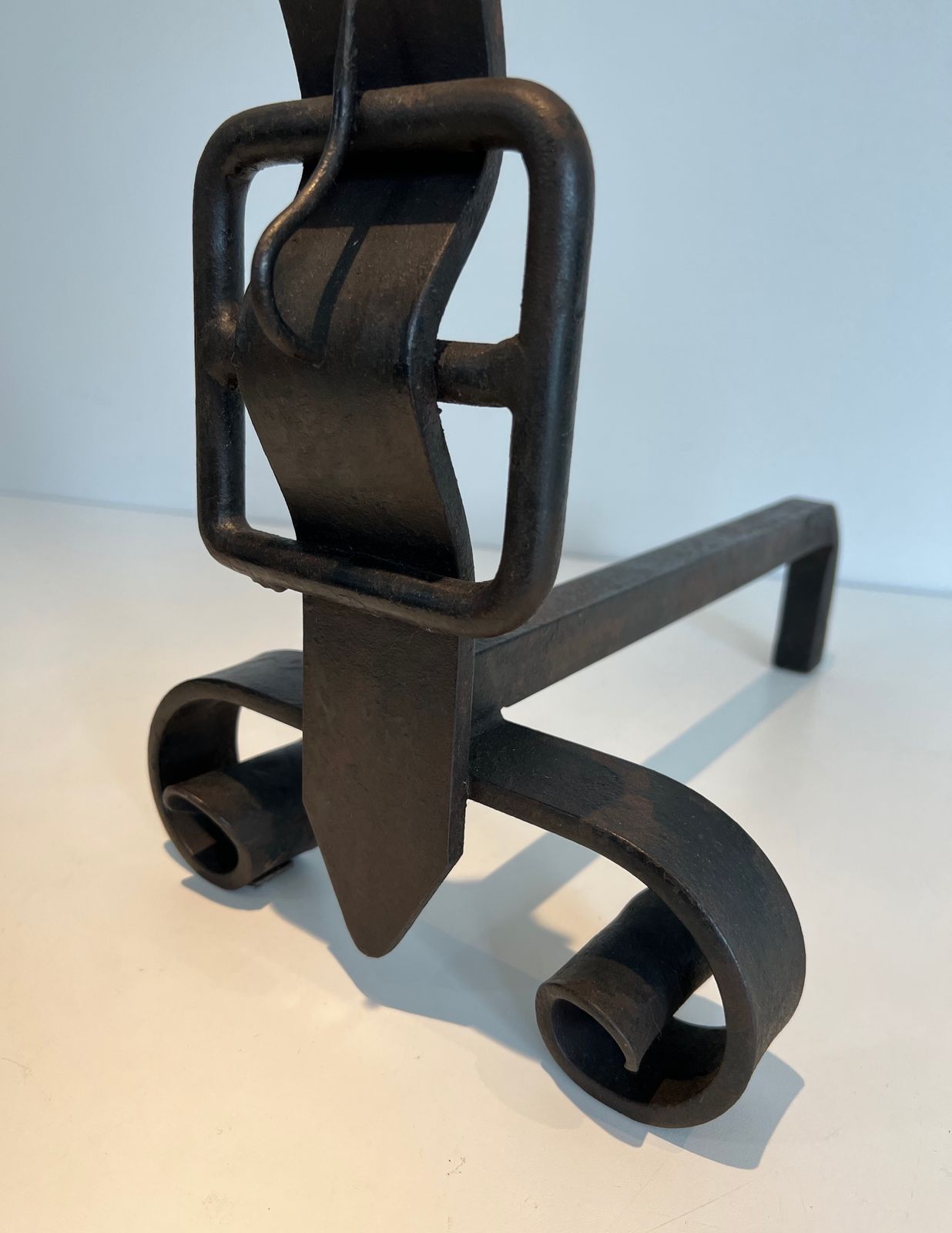 Home Fixtures Pair Of Modernist Cast Iron And Wrought Iron Belt Andirons photo