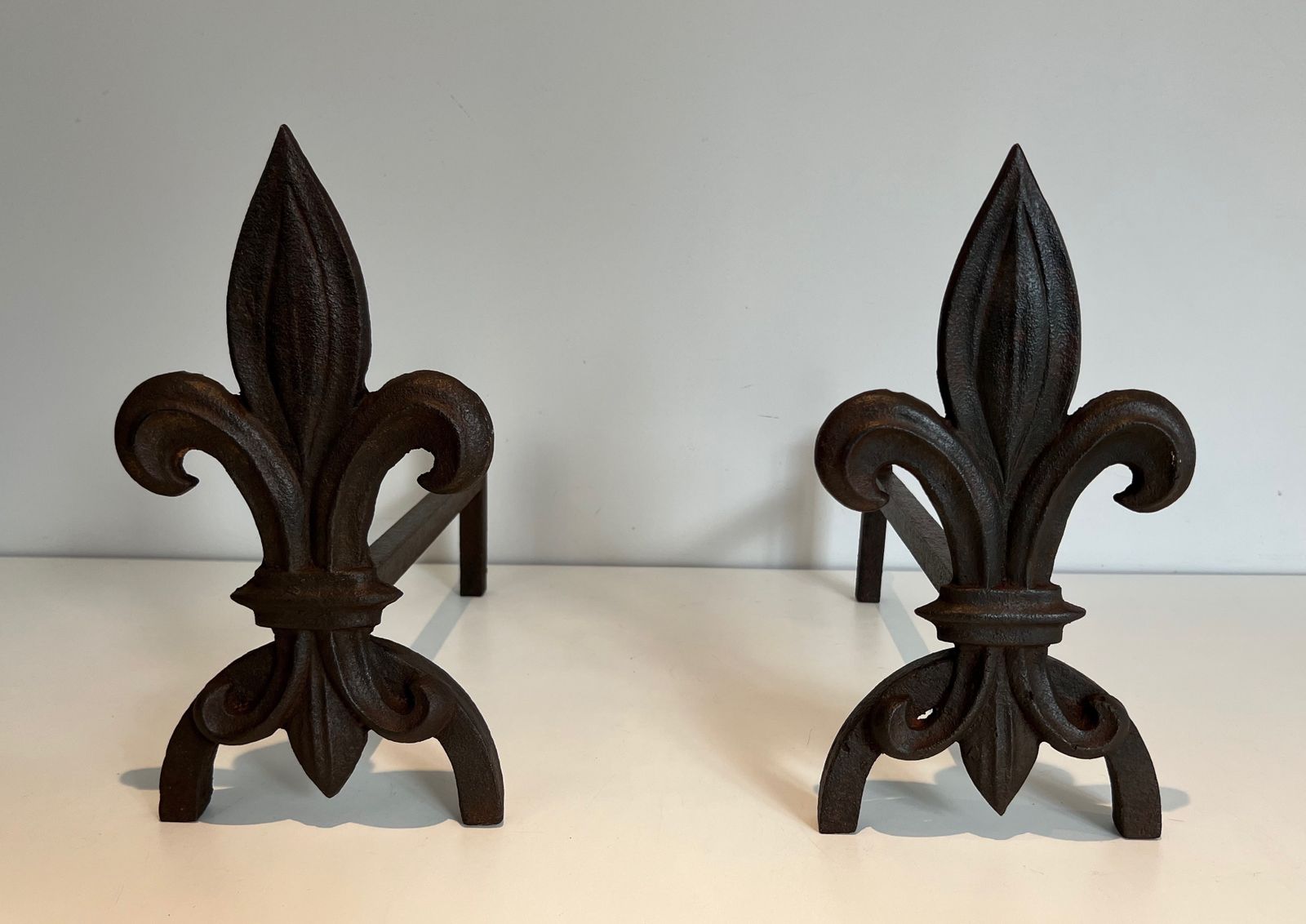Pair Of Fleurs De Lys Cast Iron And Wrought Iron Andirons photo furniture