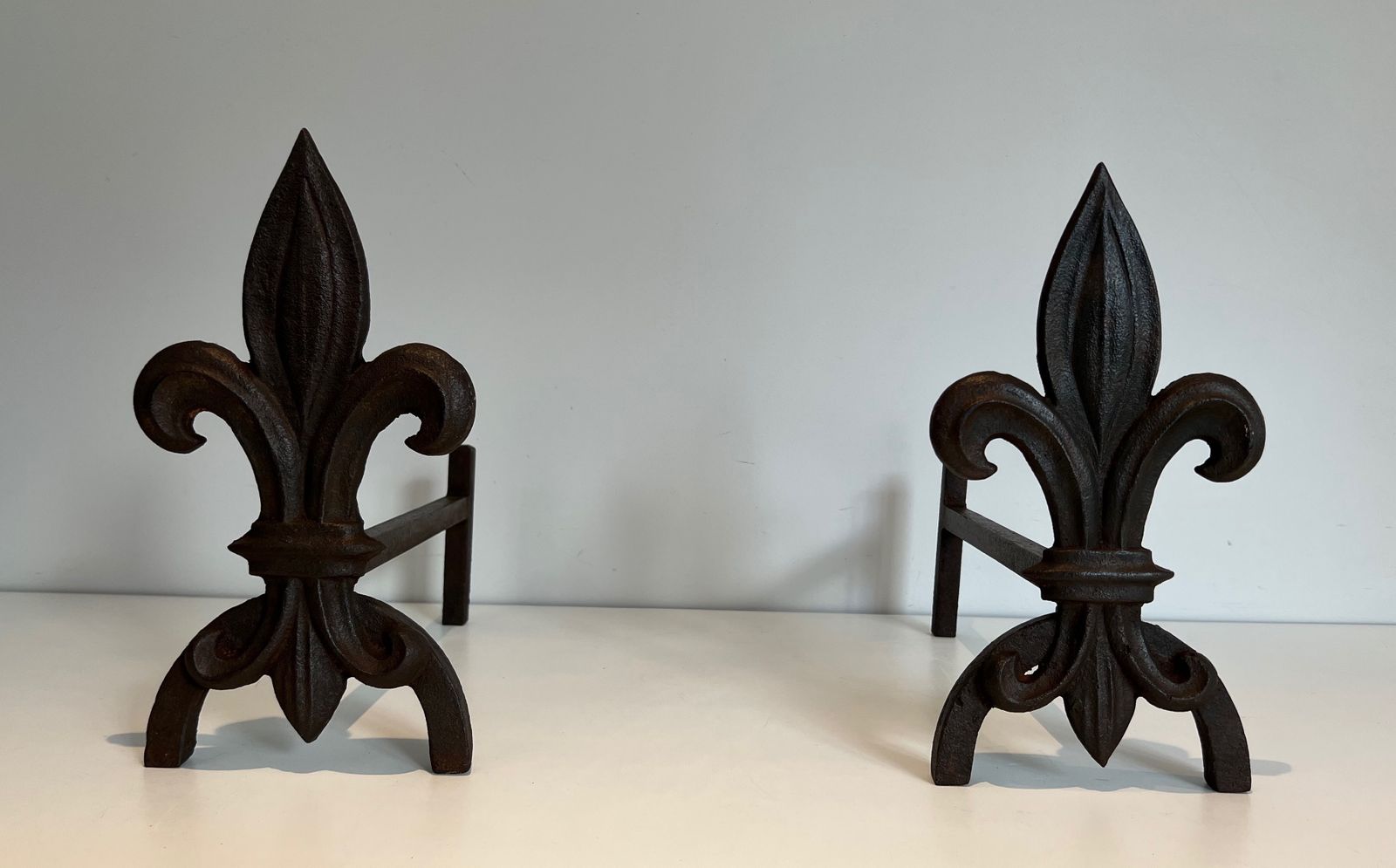 Pair Of Fleurs De Lys Cast Iron And Wrought Iron Andirons photo for sale