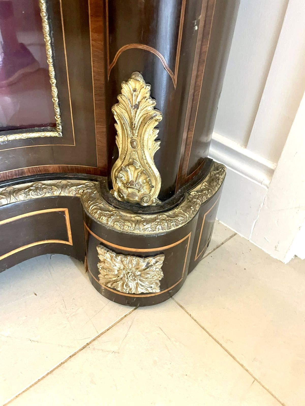 Outstanding Quality Antique Floral Marquetry Ormolu Mounted Serpentine Shaped Credenza photo furniture