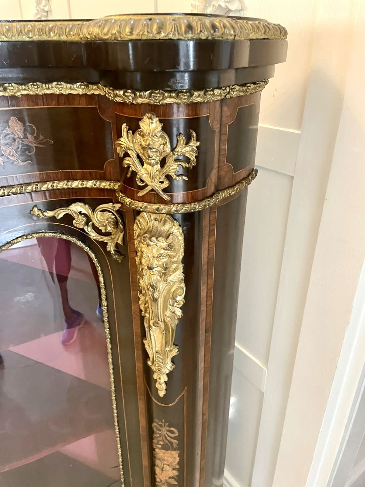 Outstanding Quality Antique Floral Marquetry Ormolu Mounted Serpentine Shaped Credenza photo for sale