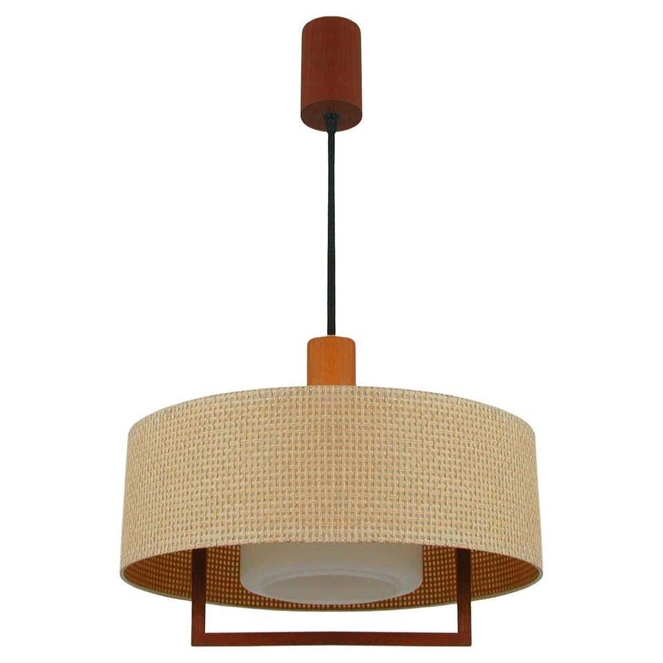 Midcentury Temde Raffia Teak And Milk Glass Pendant, Switzerland 1960s photo furniture