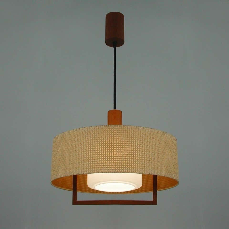 Midcentury Temde Raffia Teak And Milk Glass Pendant, Switzerland 1960s photo Lighting