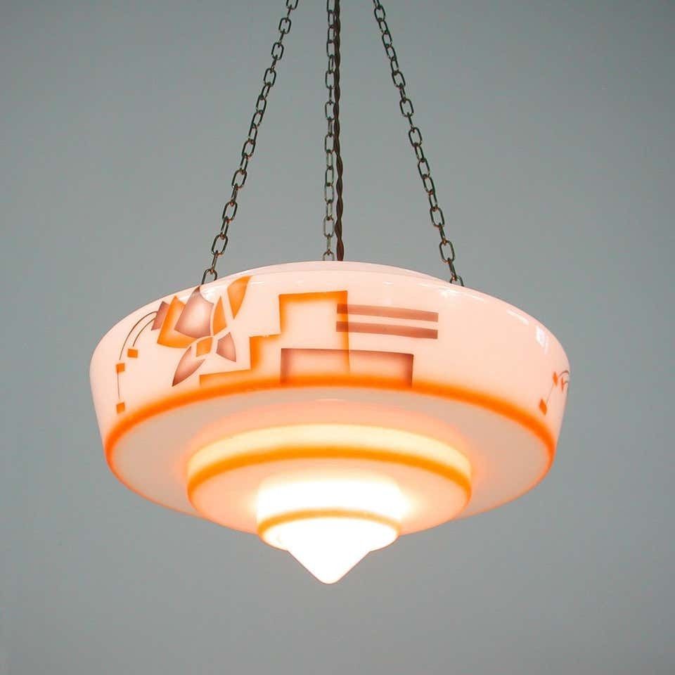 German Art Deco Suspension Light, Enameled Glass And Brass, 1930s photo vintage