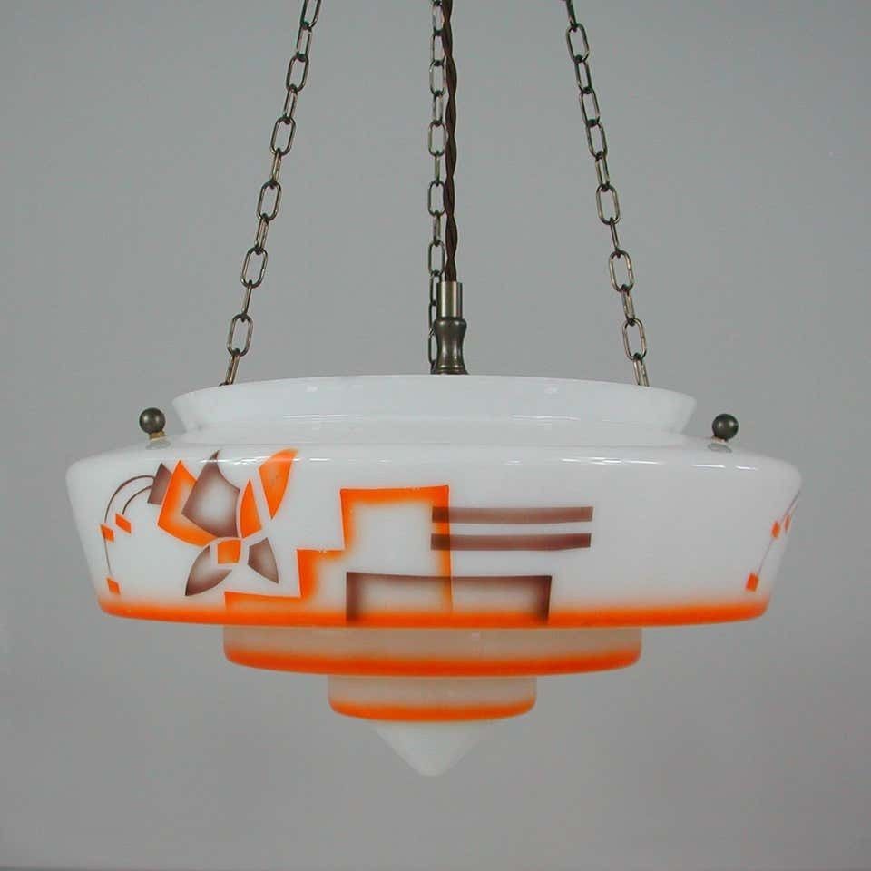 photo furniture German Art Deco Suspension Light, Enameled Glass And Brass, 1930s