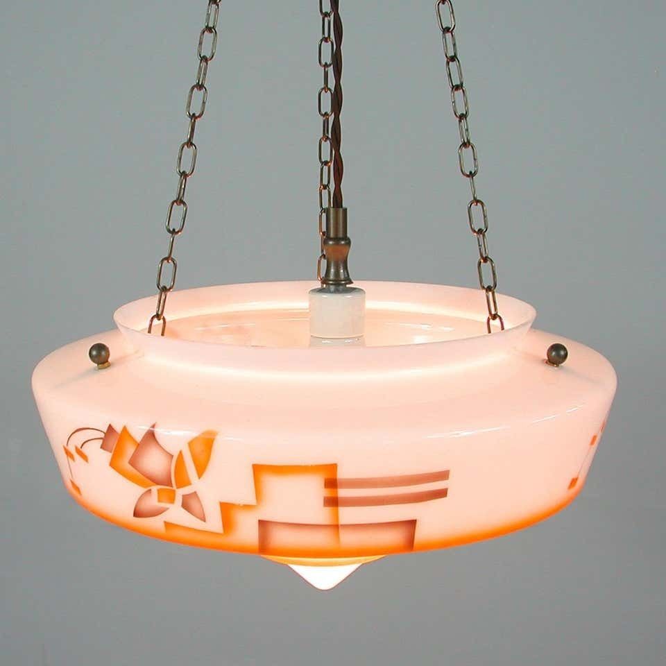photo vinterior German Art Deco Suspension Light, Enameled Glass And Brass, 1930s