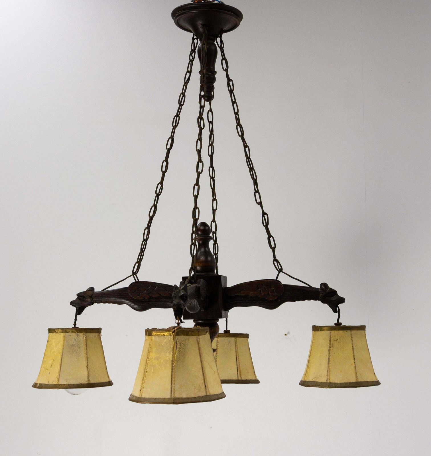 French Wood Lamp Four Gothic Gargouille Art Nouveau Style Pendant Lustre C. 1920 photo for sale