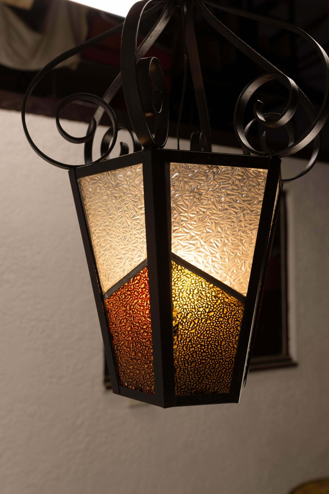Iron Textured & Colored Glass Ceiling Lamp Lustre French Lantern, Circa 1960 photo 667.0