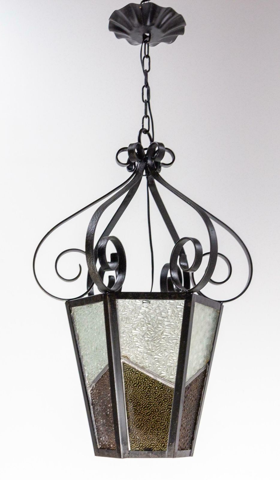 Iron Textured & Colored Glass Ceiling Lamp Lustre French Lantern, Circa 1960 photo vinterior