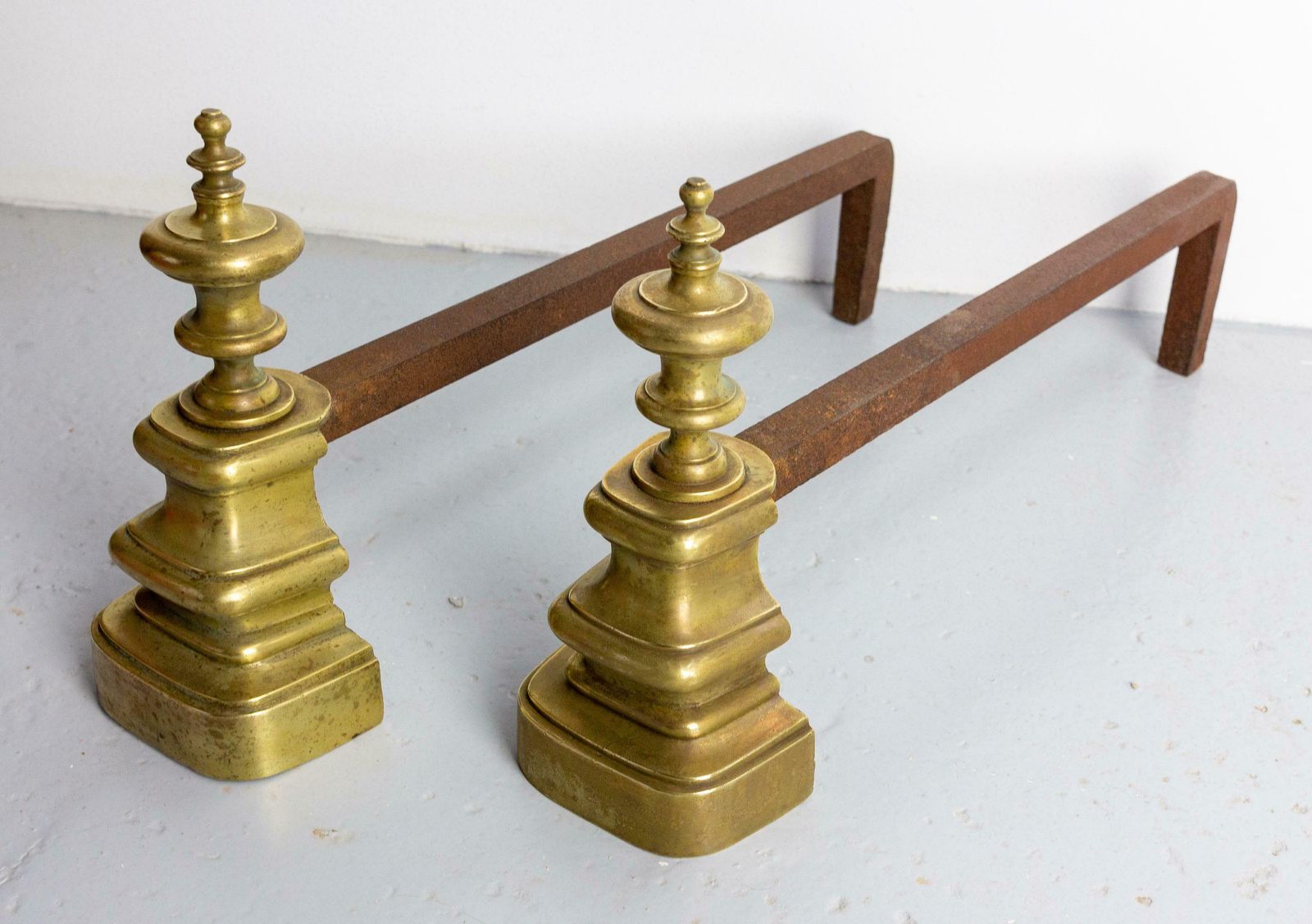 Pair Of Fireplace Andirons Brass & Wrought Iron Firedogs, France, Circa 1900 photo for sale