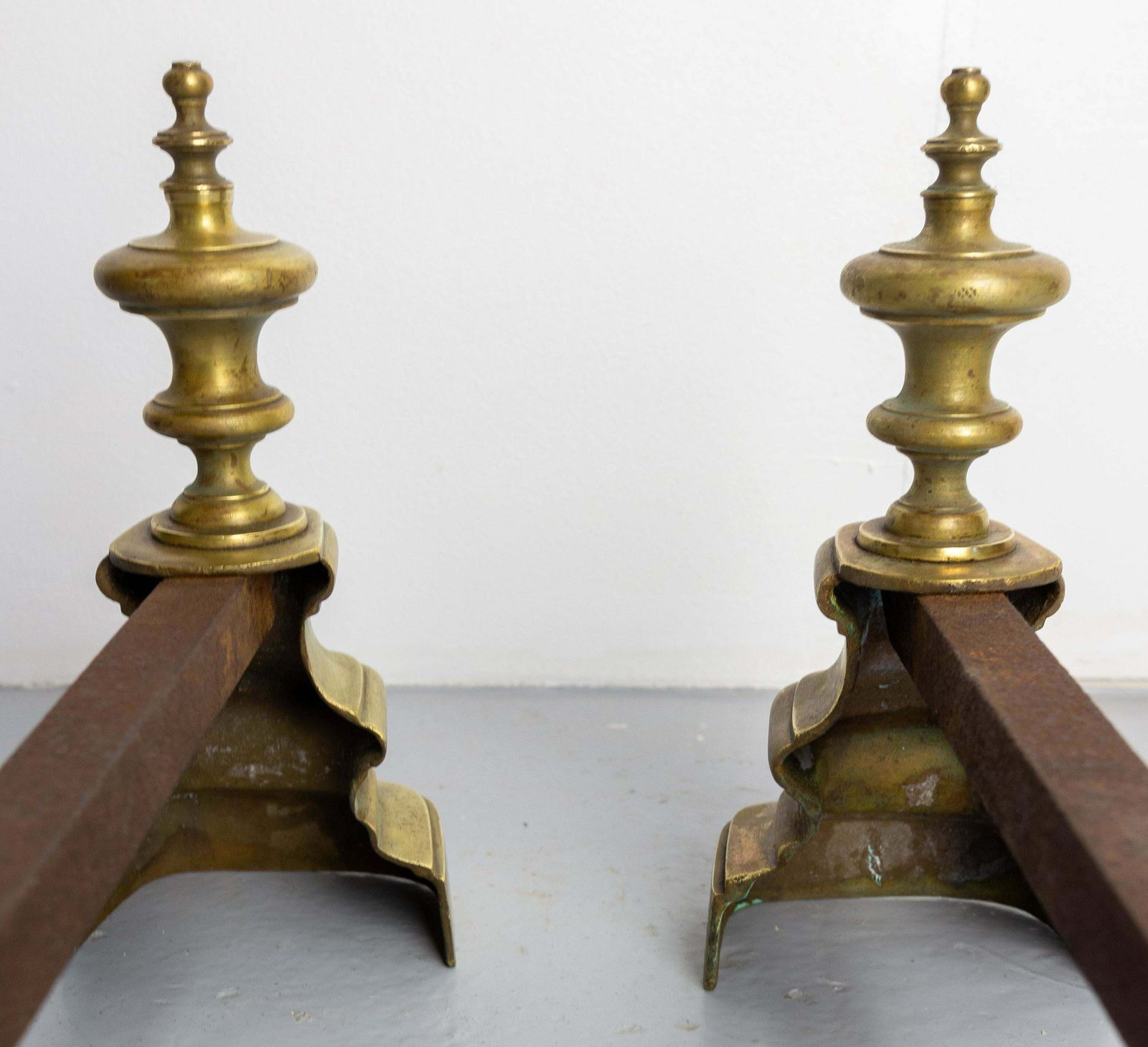 Pair Of Fireplace Andirons Brass & Wrought Iron Firedogs, France, Circa 1900 photo vinterior