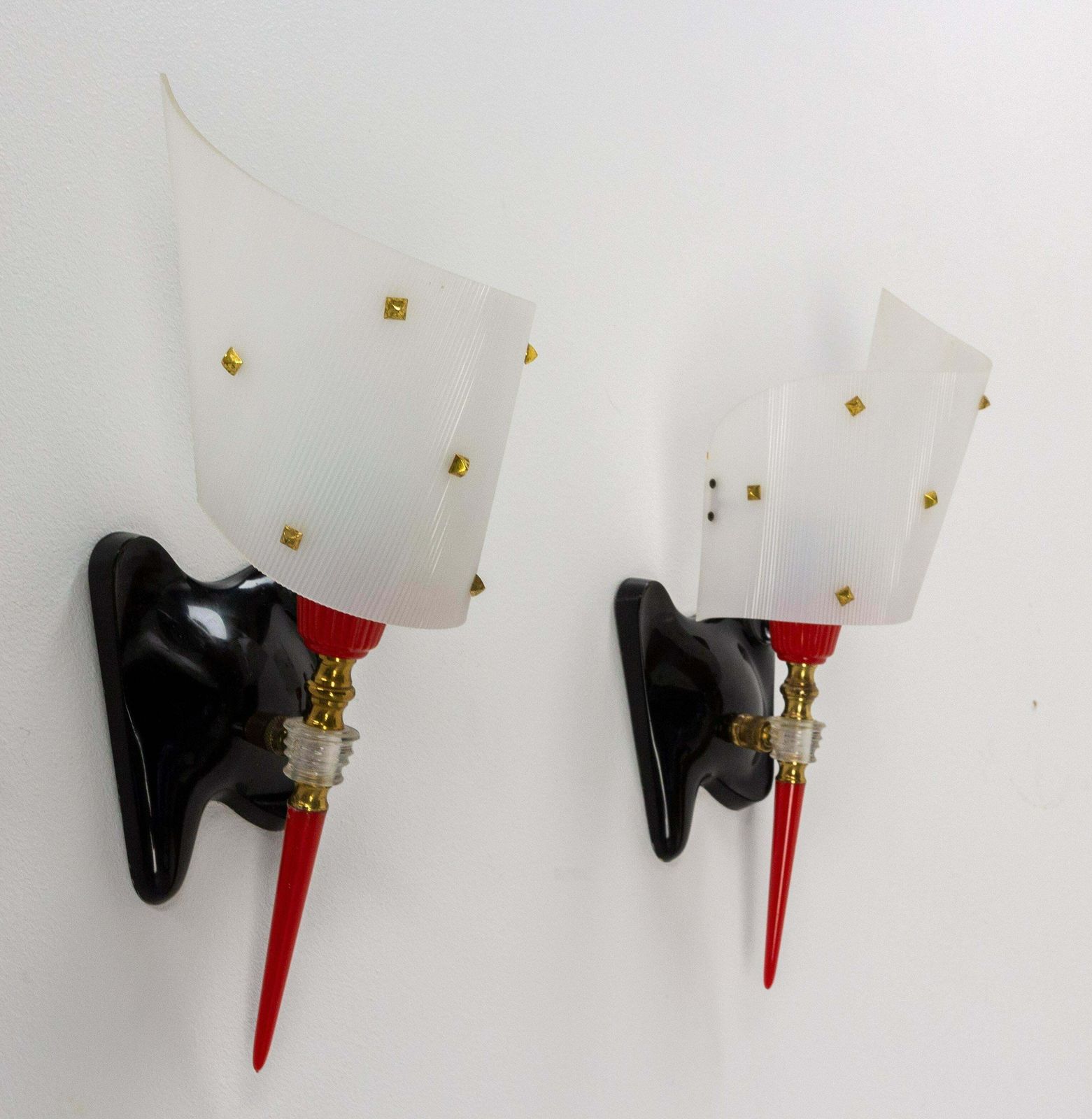 Pair Of Sconces Brass And Acrylic Pierre Guariche Lights, French Mid 20thcentury photo vinterior