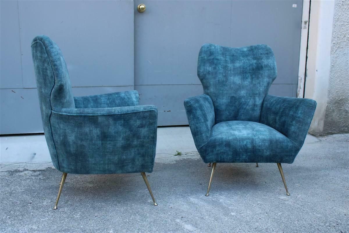 Pair Of Mid Century Italian Armchairs With Brass Feet And Blue Velvet Gio Ponti Style photo buy