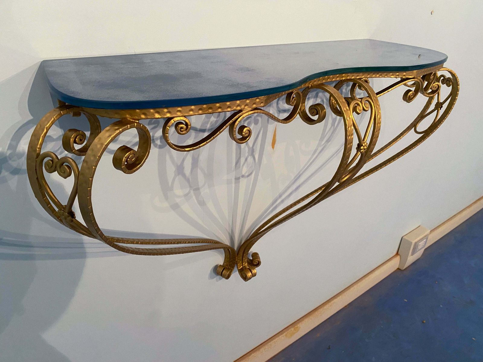 Italian Midcentury Blue Glass Gold Iron Console Table By Pier Luigi Colli photo furniture
