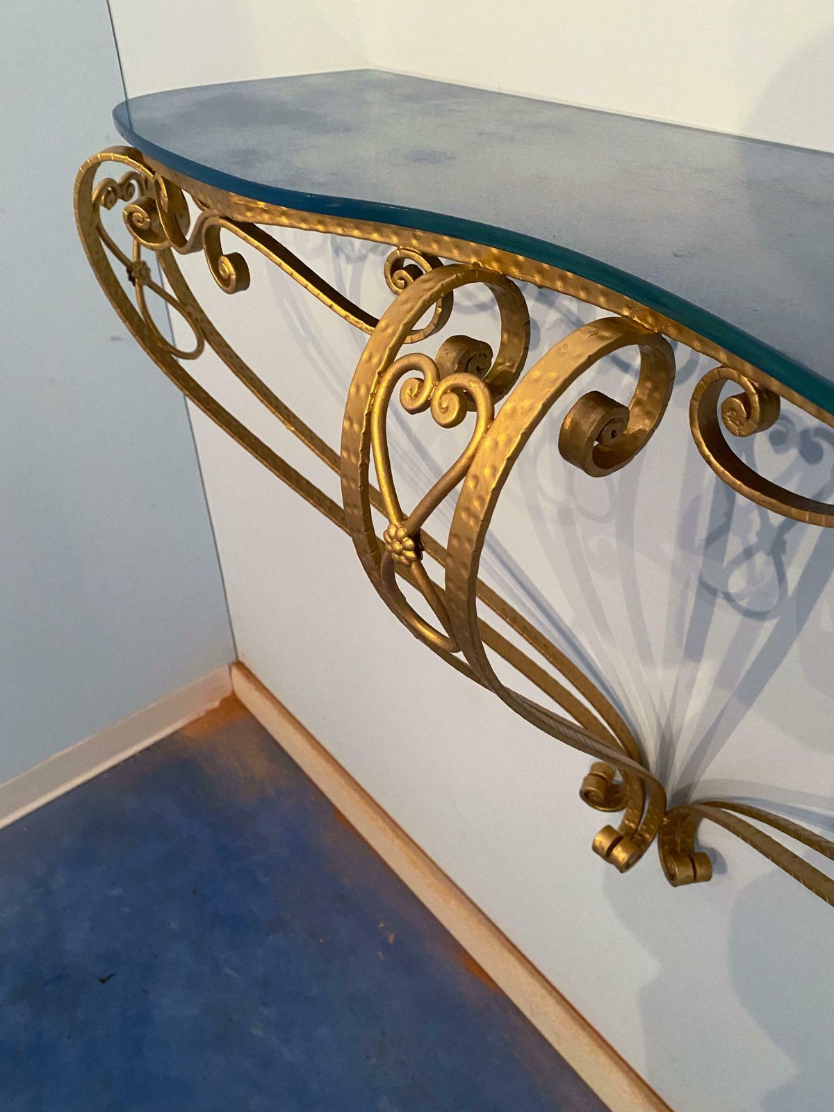 photo furniture Italian Midcentury Blue Glass Gold Iron Console Table By Pier Luigi Colli