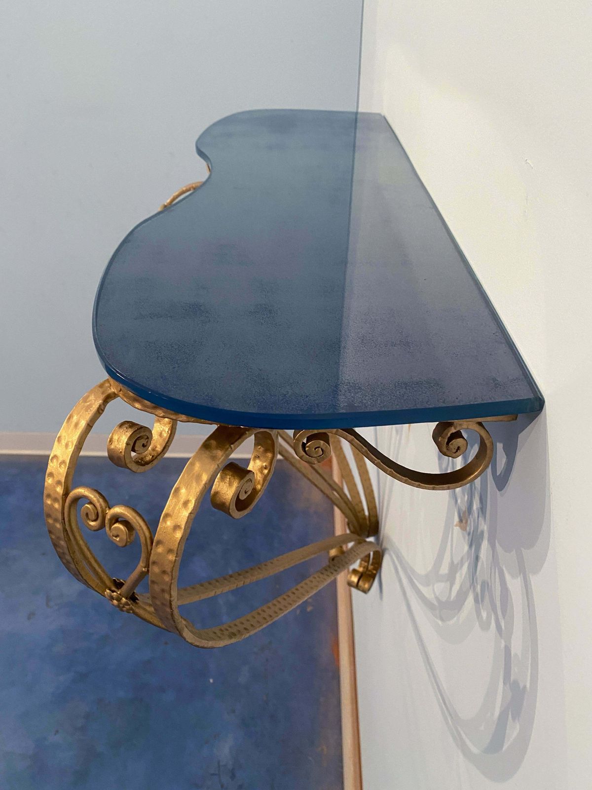 photo for sale Italian Midcentury Blue Glass Gold Iron Console Table By Pier Luigi Colli