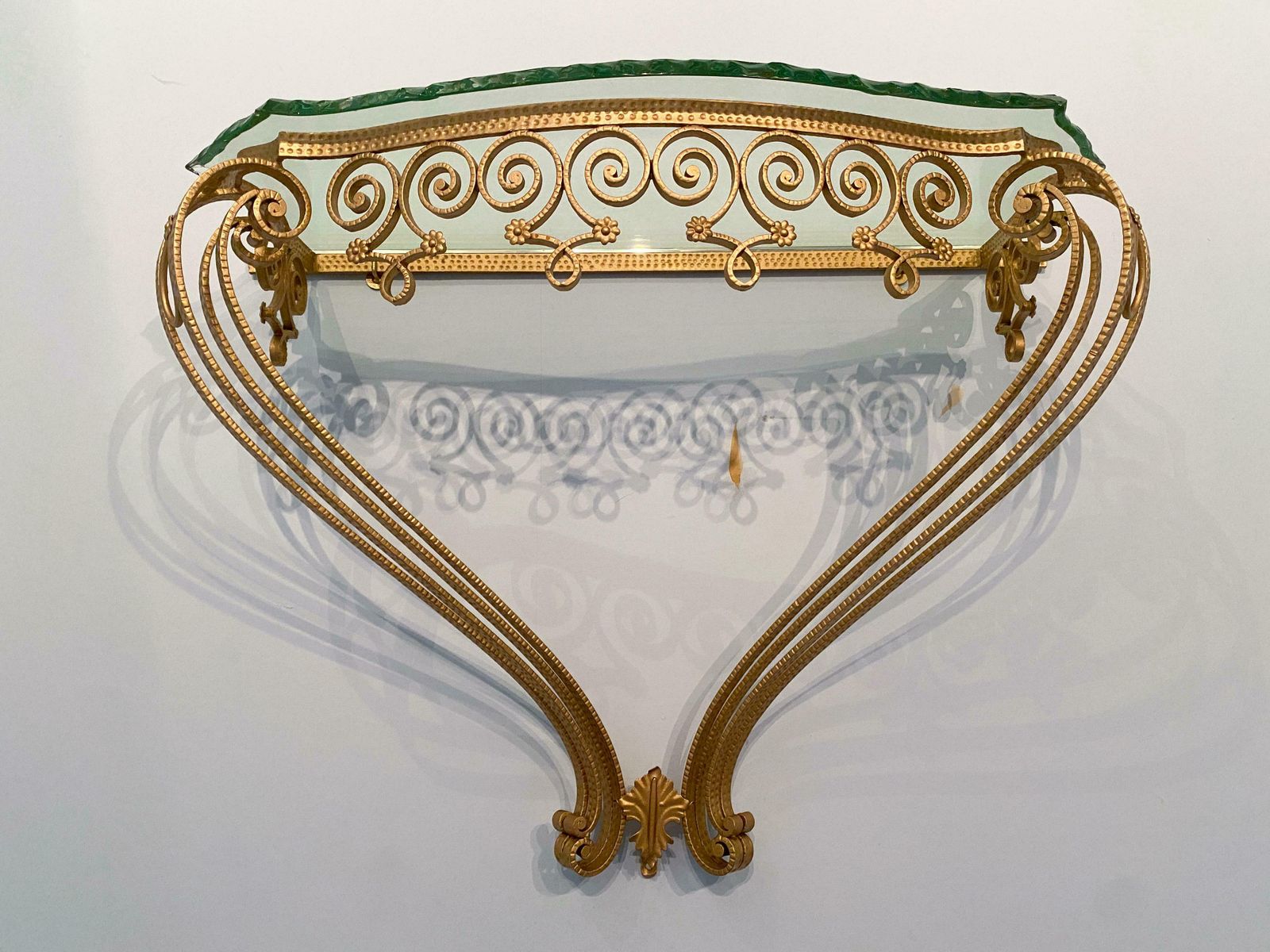 Italian Midcentury Green Crystal Gold Iron Console Table By Pier Luigi Colli photo vintage