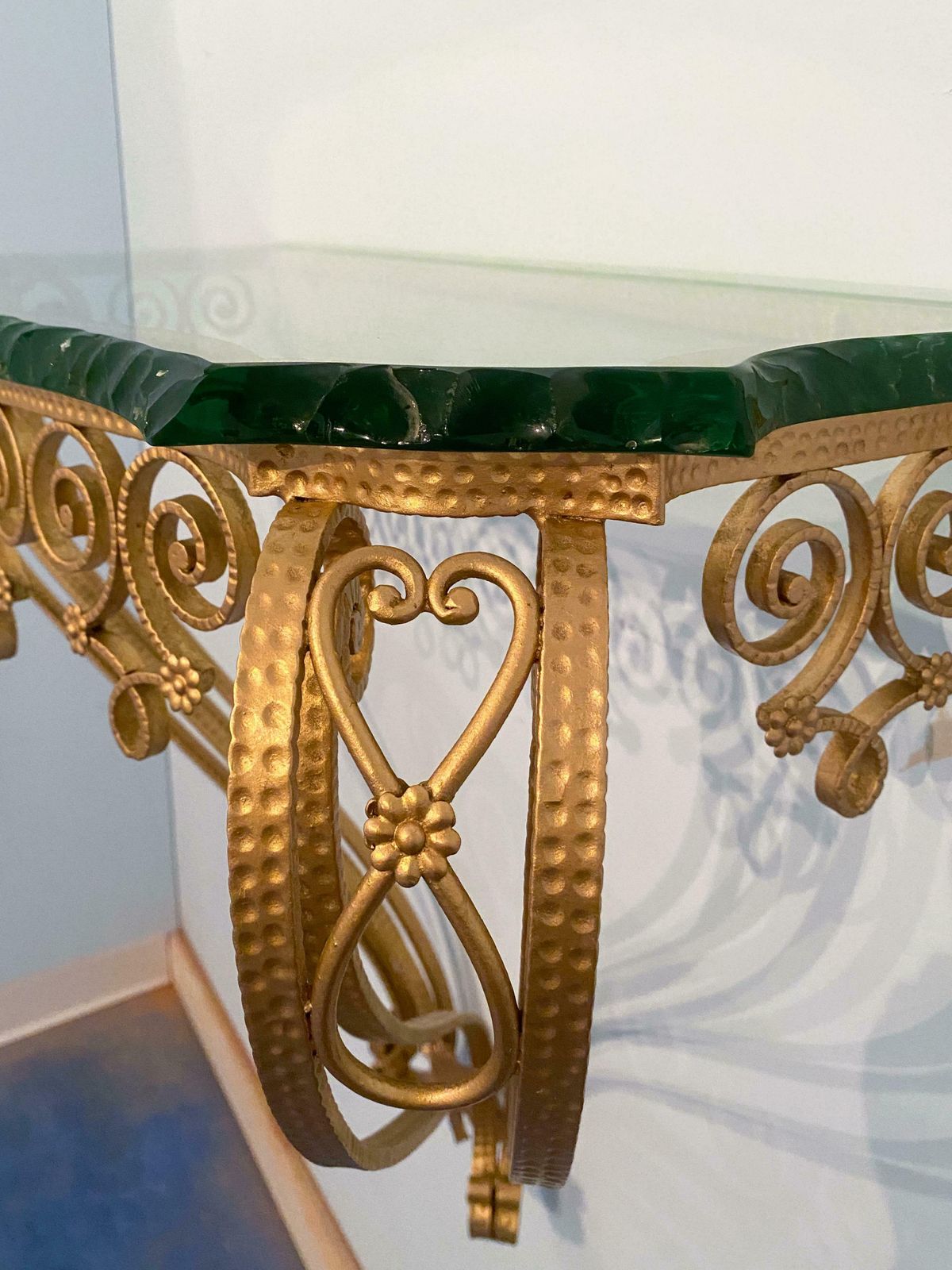 3201.0 Italian Midcentury Green Crystal Gold Iron Console Table By Pier Luigi Colli photo