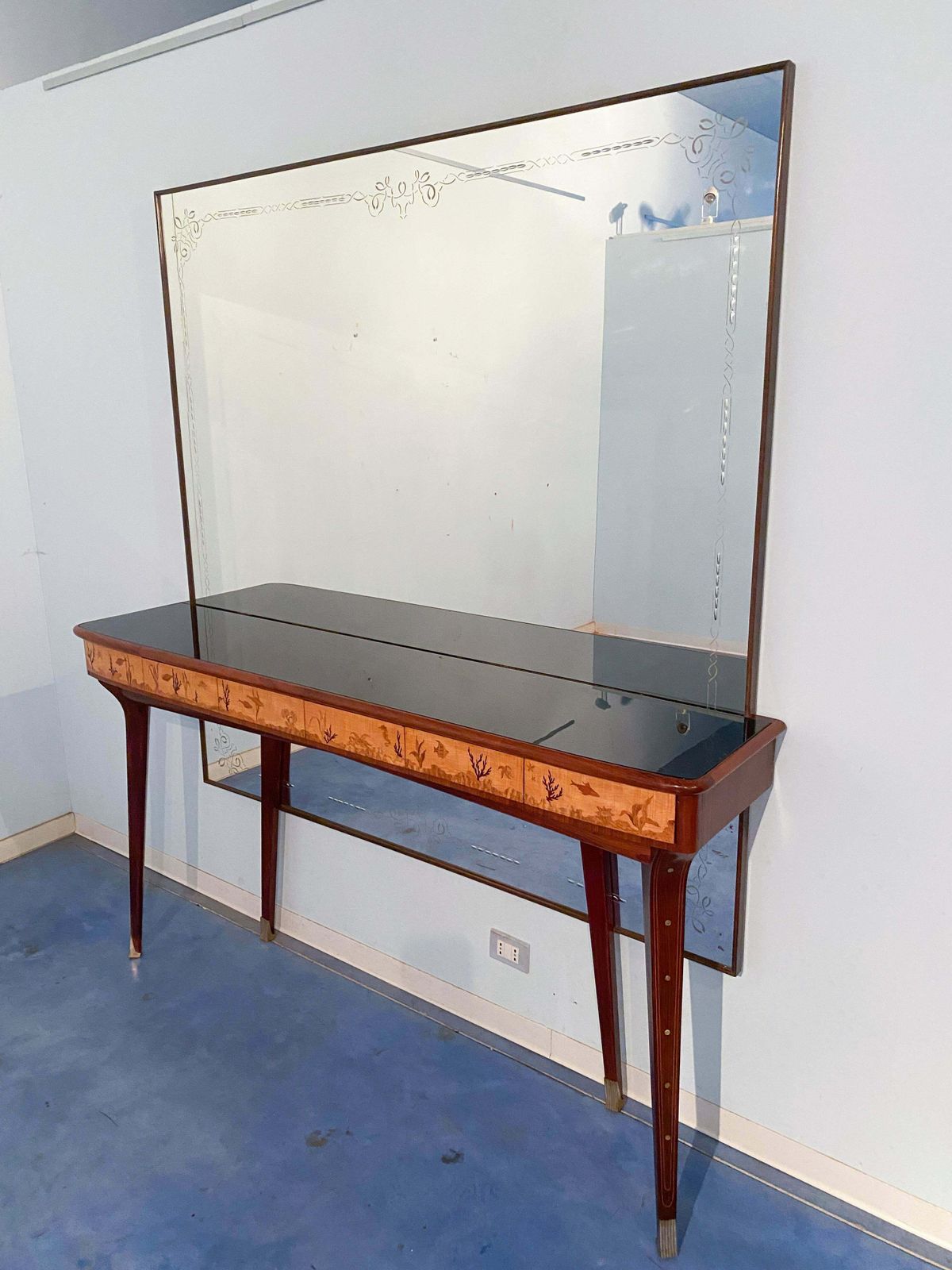 Italian Midcentury Inlaid Console With Mirror By Andrea Gusmai, 1950s photo furniture