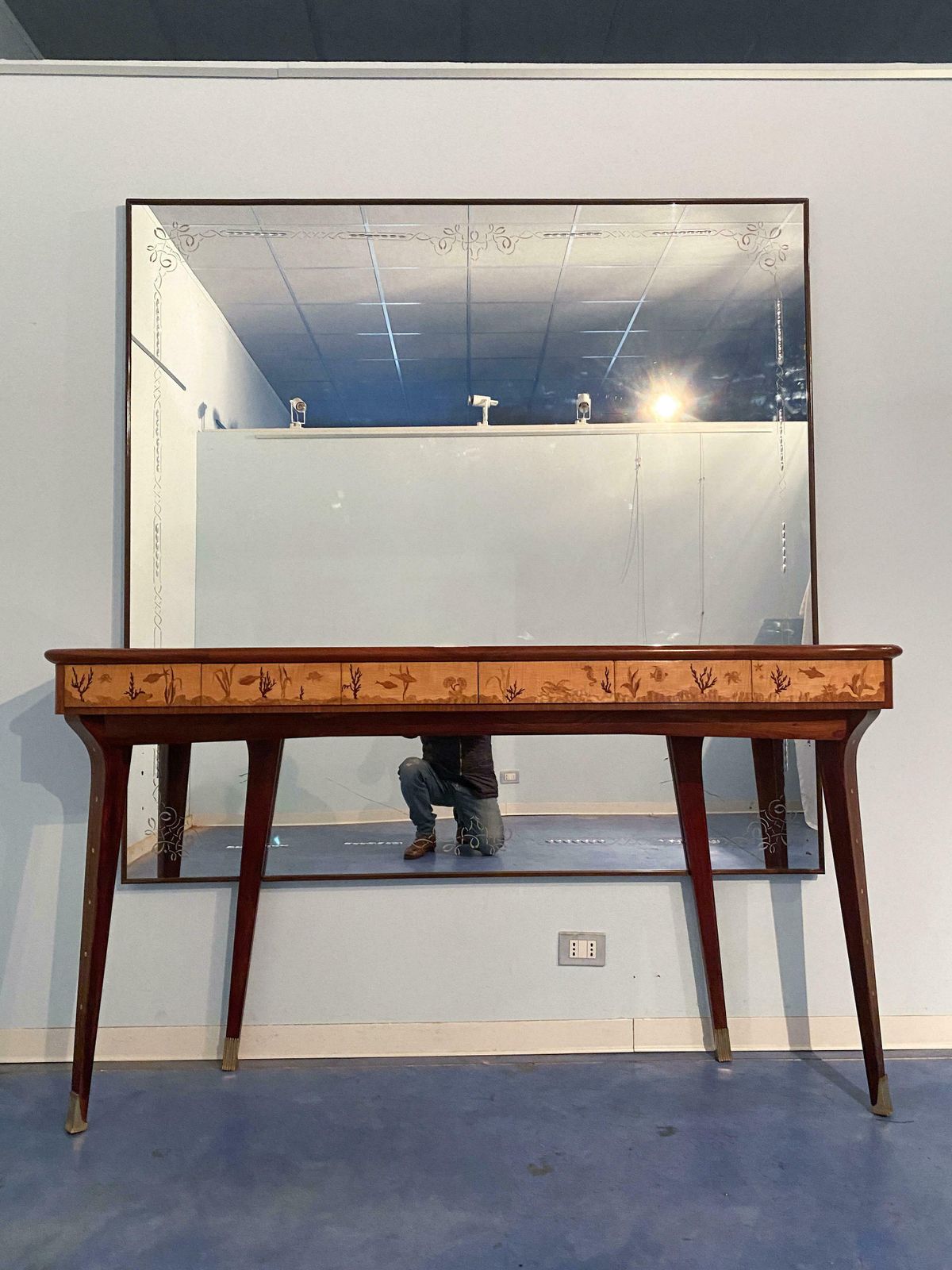 Italian Midcentury Inlaid Console With Mirror By Andrea Gusmai, 1950s photo for sale