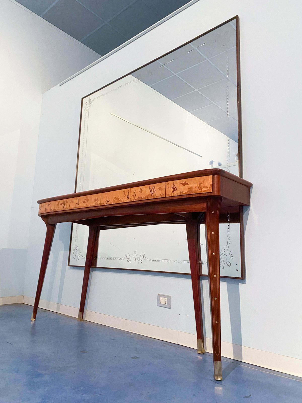 Italian Midcentury Inlaid Console With Mirror By Andrea Gusmai, 1950s photo Furniture